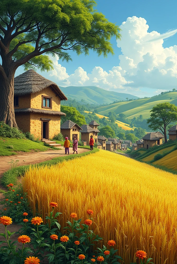 Village Scene: A serene Indian village nestled among green hills with traditional houses and fields