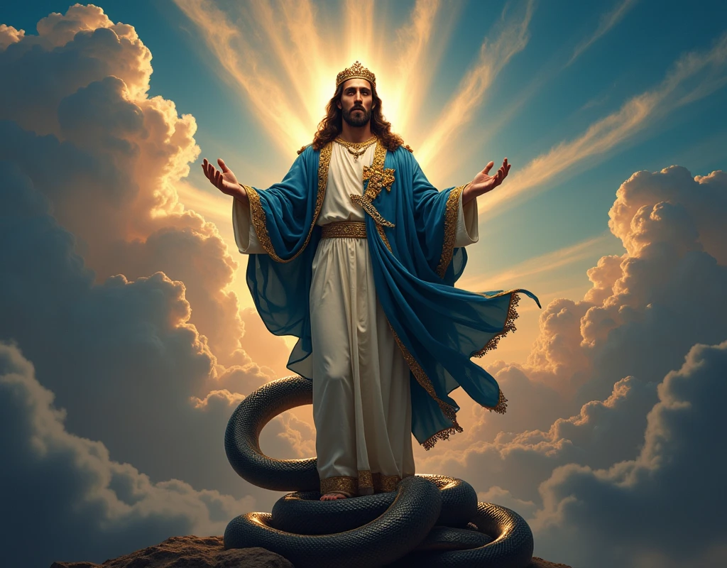Jesus Christ clothed as a king stepping on the head of a serpent while it bites his heel 
