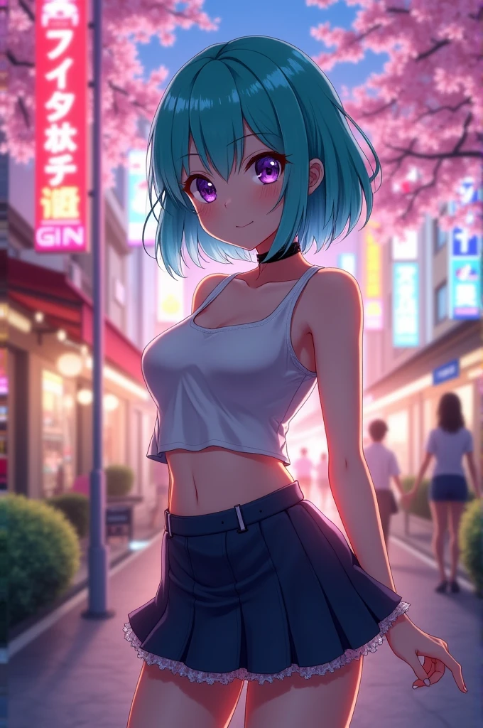 A beautiful anime girl with short hair, mini skirt and big butt.