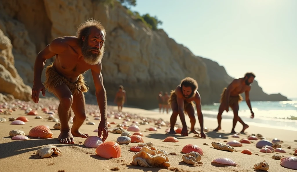 Holocene period, beardless and hairless Neanderthals
naked on a remote rocky beach on a sunny morning with many oysters, fish bones and on the ground , searching for shells on the sand, dead fish on the sand, piles of shells nearby