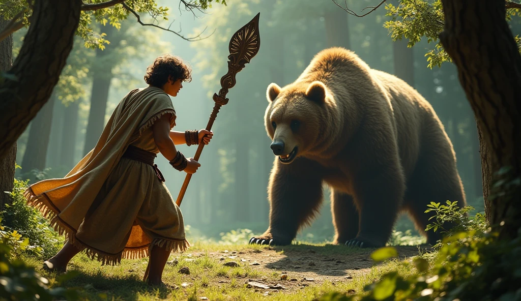 Davi, 20 years old, clothes from biblical times, killing bear,