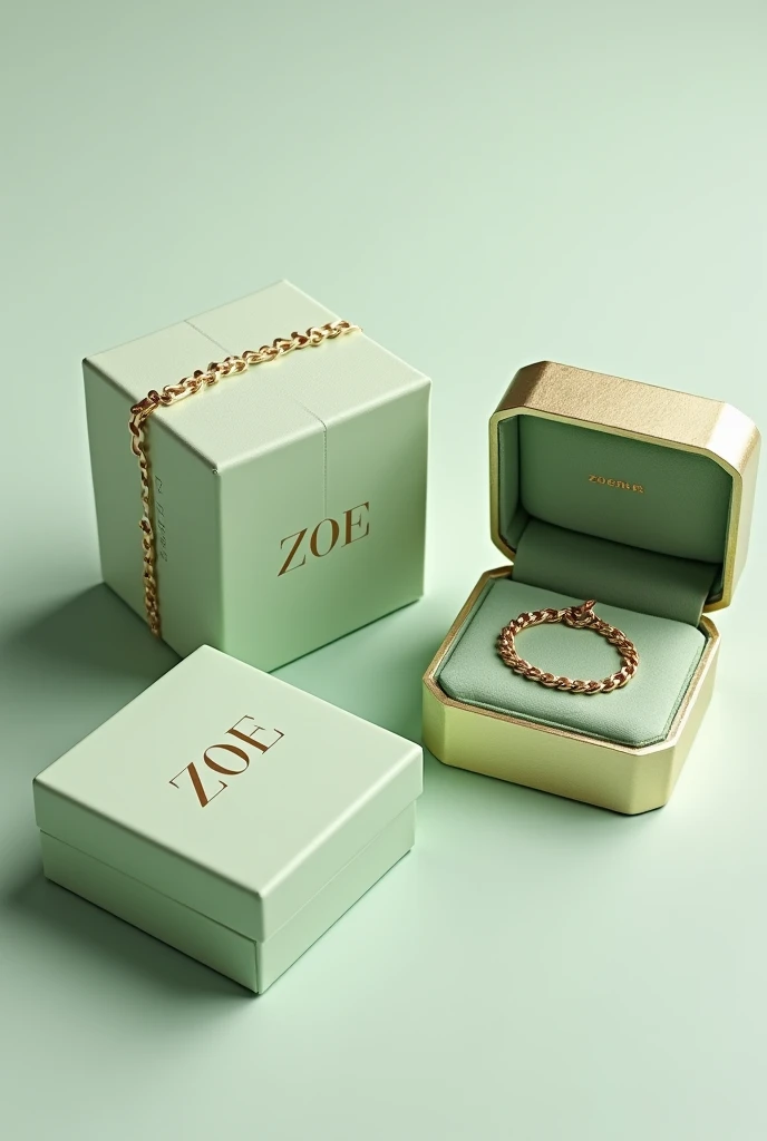 Create jewelry boxes in a plain pastel gold and pistachio green color, closed and open, with a chain inside and the name ZOE in a serif font.