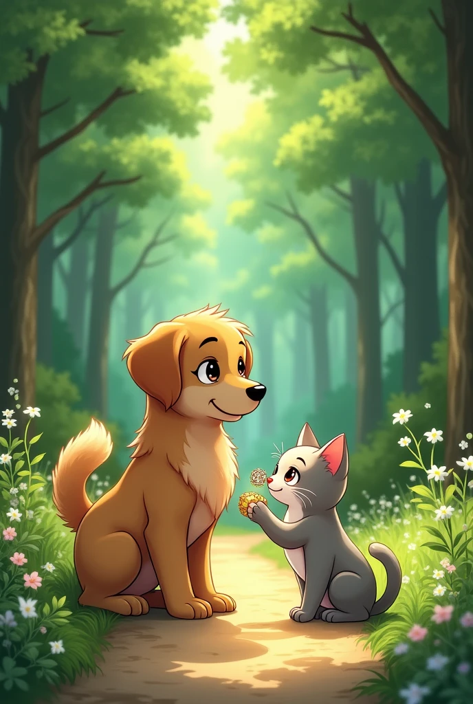Dog and cat are walking on the forest path. They look like anime characters but they are not anime characters. And suddenly the dog proposes to the cat. But there is a ring