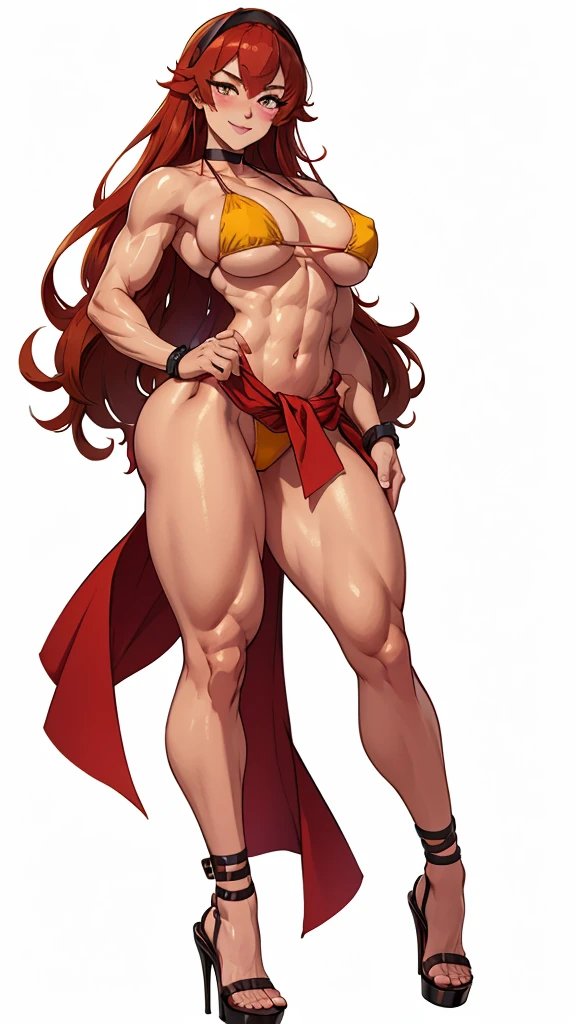 (White background) Eris cuerpo completo de pie con dos muslos largos y High heels, large eyes, messy LONG RED hair, yellow bikini, High heels, hands on waist navel, closed mouth smiling (red blush) golden sleeveless armbands, Black choker