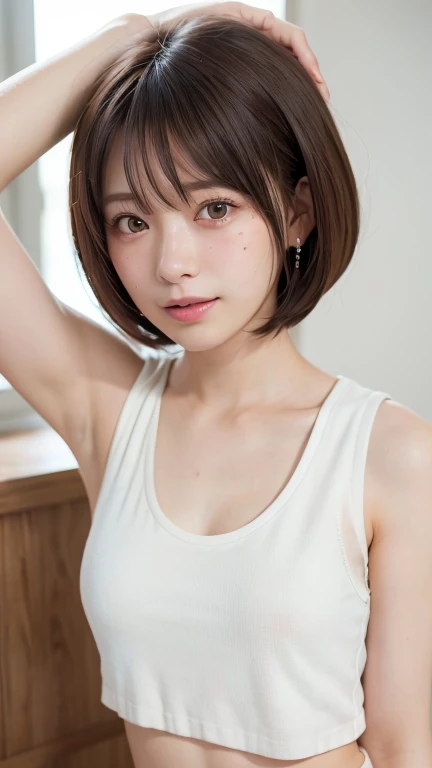 (Bob Cut Hair:1.2),(Wearing a ripped white tank top:1.8),1 person,Japanese,21 years old,(Small breasts:1.3),(Highest quality,masterpiece:1.3,Ultra-high resolution,),(Very detailedな,Caustics),(Realistic:1.4,RAW shooting,)Ultra-Realistic Capture,Very detailed,High resolution 16K human skin closeup。 Natural skin texture、,pores、、It needs to be detailed enough to be easily identifiable。 Skin tone is even and healthy looking。 Use natural light and color, Happy expression, Looking into the camera, Perfect dynamic composition, indoor、Cleavage、Earrings、Raise your hand、Armpits、freckles、(Round Glasses)、(erect nipples)、Sit on the bed、Bedroom、On the bed