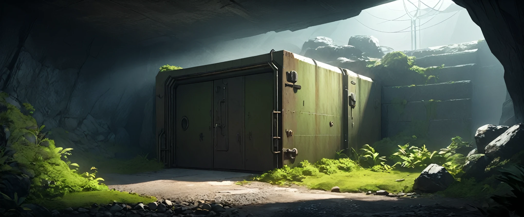 cave, extremely large bunker steel door, door 50x50m, fallout shelter style, cave with vegetation, detailed cave, square bunker entrance, rusted metal, cave, rocky surroundings, early sci-fi, post-apocalyptic style, industrial rivets, bulkhead door, dim lighting, moss-covered rocks, futuristic bunker, solid metal construction, studio lighting, Rembrandt Lighting, rule of thirds composition, detailed objects, cinematic lightning, studio light, sharp focus, logical hands, digital masterpiece, shocking atmosphere, high quality, ultra details