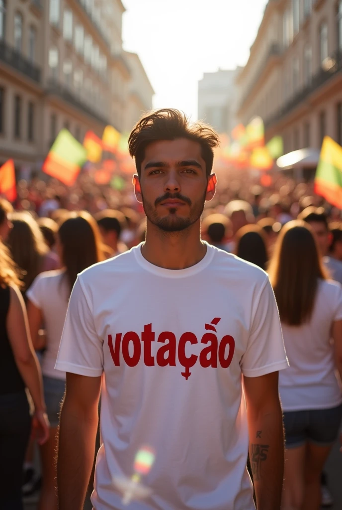 A person wearing a shirt that says 'votação' is very important in Portuguese.