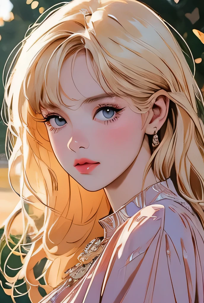 lalisa manoban, 1girl, beautiful detailed eyes, beautiful detailed lips, extremely detailed face and features, long eyelashes, blonde hair with bangs, cute, elegant, confident, solo, outdoor field, golden hour lighting, cinematic, highly detailed, photorealistic, 8k, masterpiece, vibrant colors, atmospheric, natural lighting
