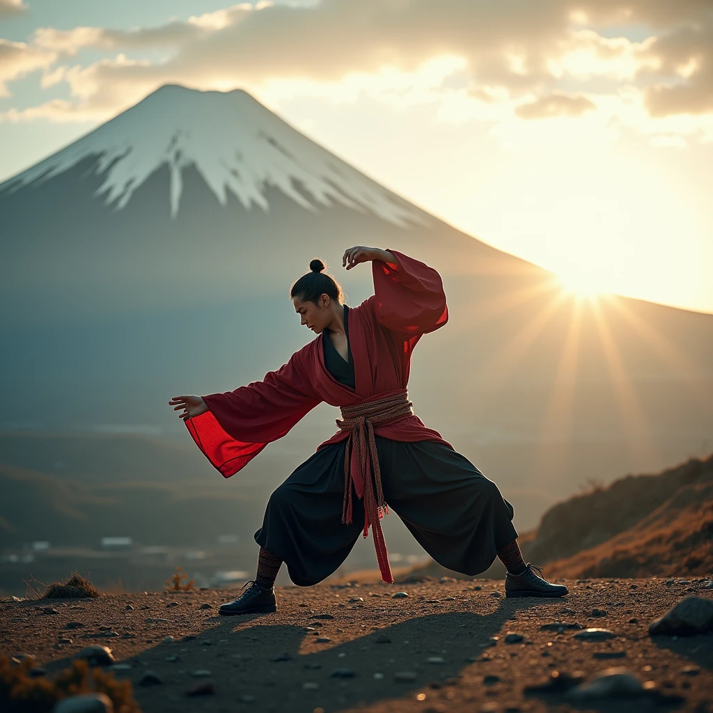 Japanese Bboy dressed as a warrior, Samurai, performing a breakdance freeze in front of Mount Fuji, with the volcano in sharp focus and the background blurred, creating a cinematic atmosphere. The bboy's pose should convey strength and dynamism, contrasting with the serenity of the mountain. dramatic lighting, with sun rays hitting the bboy and Mount Fuji, Enhancing the Scene. Visual Style: アニメ, cinematographic, realisitic.