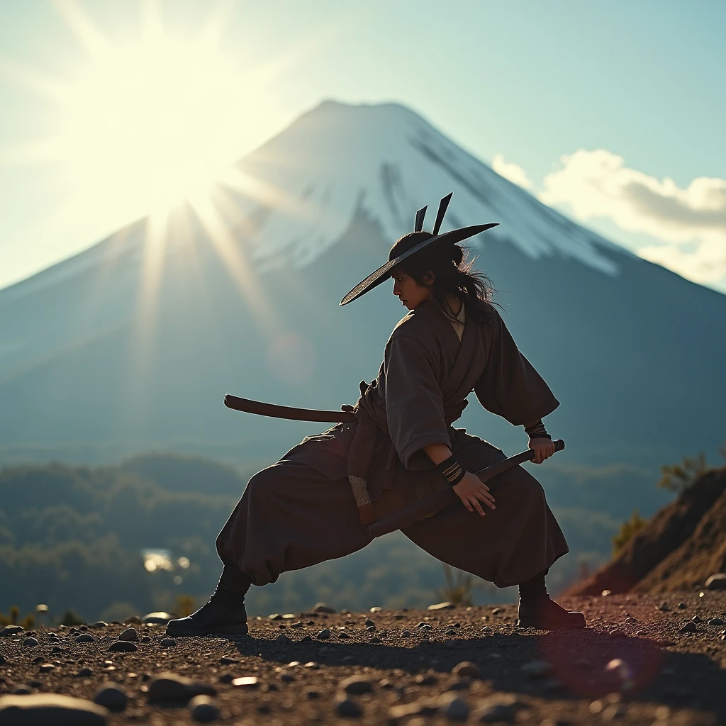 Japanese Bboy dressed as a warrior, Samurai, performing a breakdance freeze in front of Mount Fuji, with the volcano in sharp focus and the background blurred, creating a cinematic atmosphere. The bboy's pose should convey strength and dynamism, contrasting with the serenity of the mountain. dramatic lighting, with sun rays hitting the bboy and Mount Fuji, Enhancing the Scene. Visual Style: アニメ, cinematographic, realisitic.