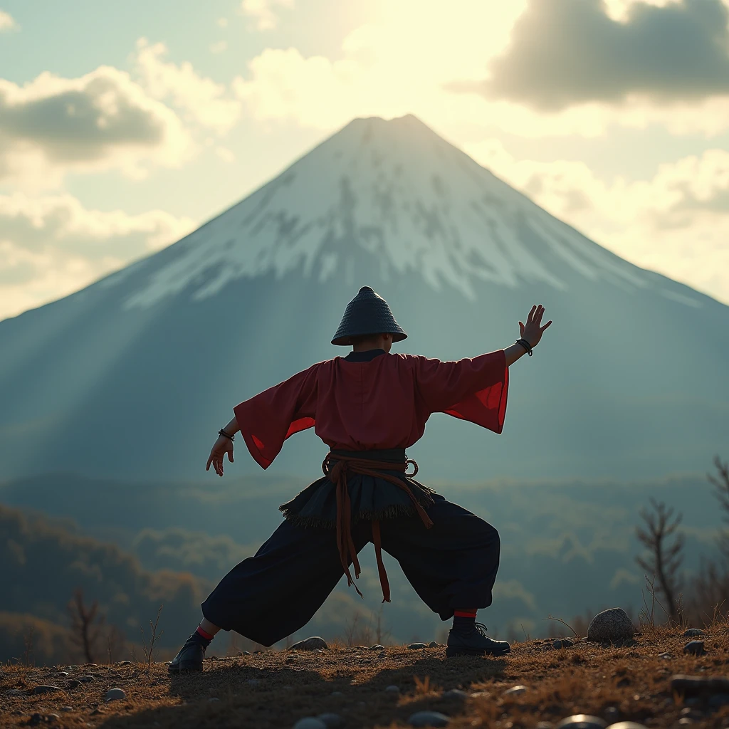 Japanese Bboy dressed as a warrior, Samurai, performing a breakdance freeze in front of Mount Fuji, with the volcano in sharp focus and the background blurred, creating a cinematic atmosphere. The bboy's pose should convey strength and dynamism, contrasting with the serenity of the mountain. dramatic lighting, with sun rays hitting the bboy and Mount Fuji, Enhancing the Scene. Visual Style: アニメ, cinematographic, realisitic.