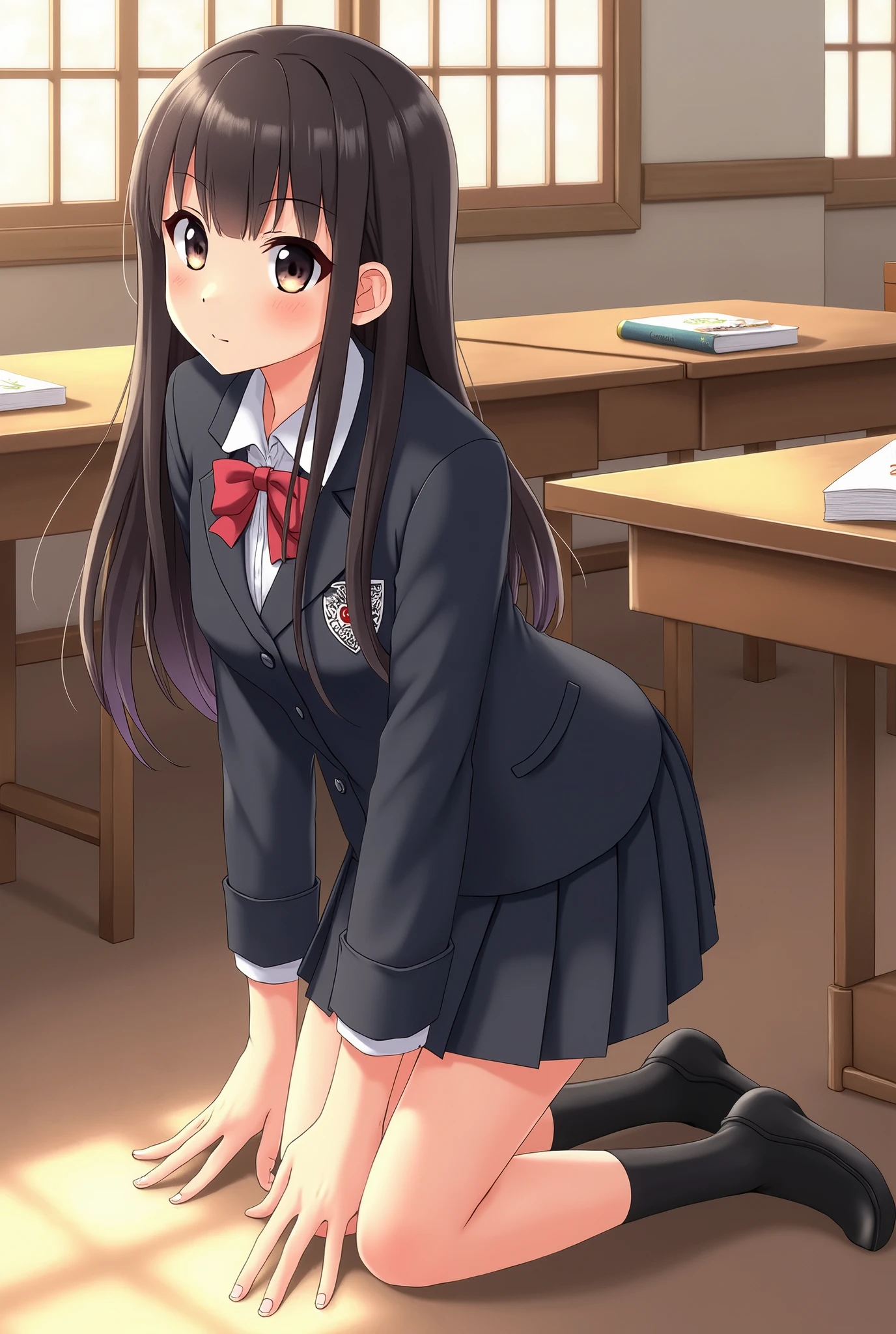 Japanese girl in a school uniform on all fours.