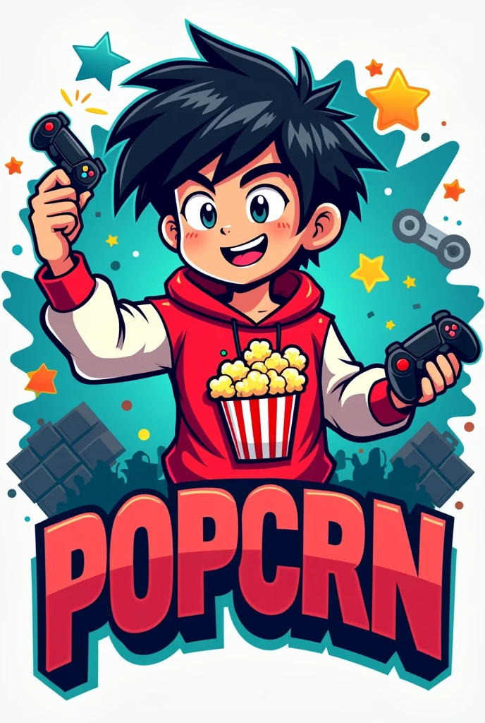 Create a mascot logo where the mascot is a young gamer with black hair and a red and white sweatshirt with a popcorn design and below it the letters of "popcorn"