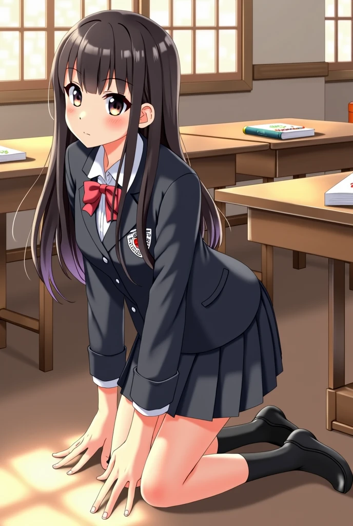 Japanese girl in a school uniform on all fours.