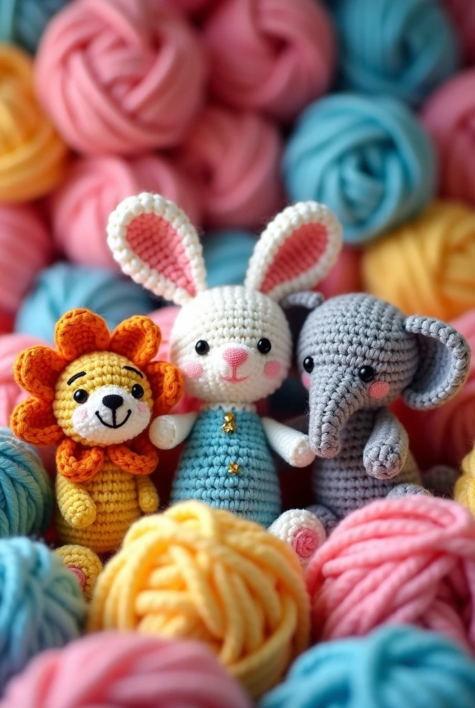 Take a cover photo full of amigurumi animal characters and bright colorful yarn.