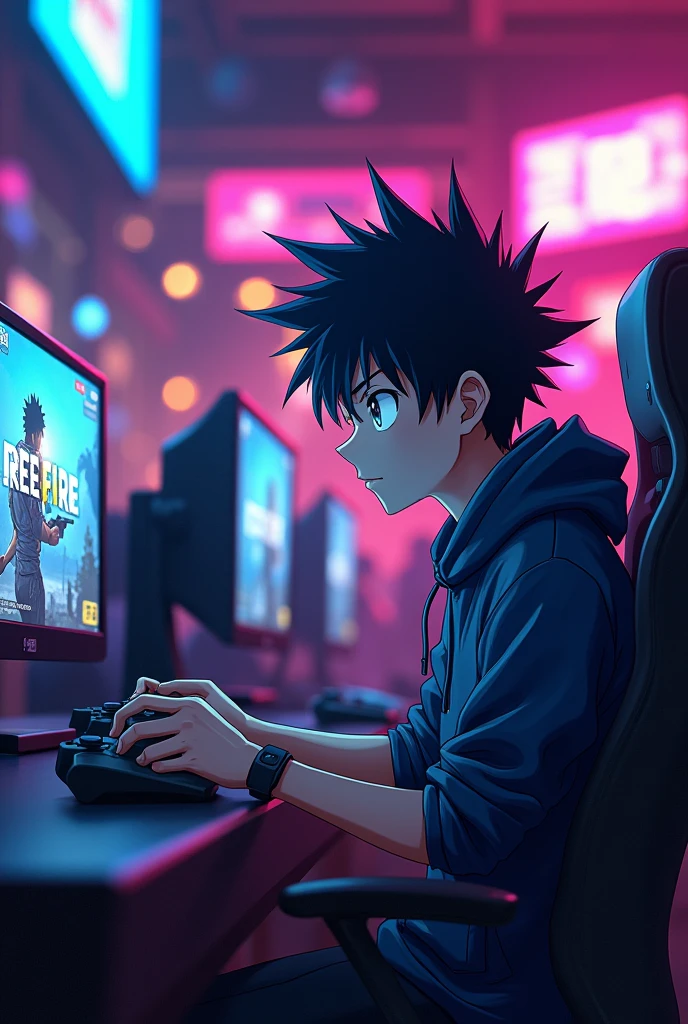 Frustrated Gamer logo consisting letters frustrated Gamer that gives an aesthetic look and consist one anime character who is male and picture in cyber cafè and a game is running in monitor that is free fire