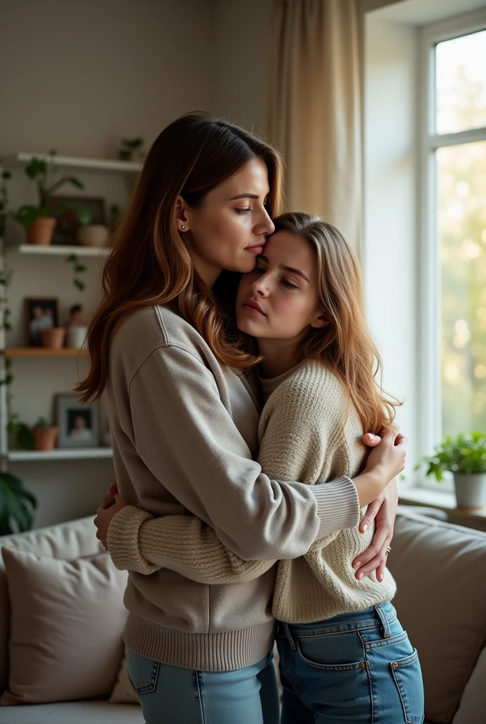 A mom hugging her age daughter crying