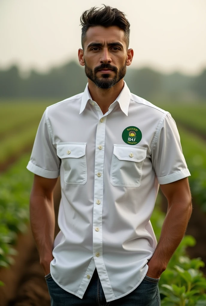 Create the design of a short-sleeved social shirt with the IDAF logo, name Renato Trigueiro and function Agricultural Technician. Only do the shirt with the front part, and take the back part off the man. 
