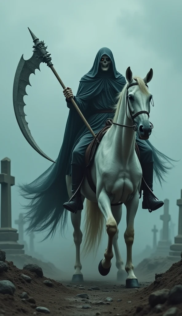 Close-up of the fourth Horseman of the Apocalypse, representing Death. He rides a pale, ghostly horse, shrouded in a dark, tattered cloak that flutters in the wind. His face is a skull, with hollow eyes glowing faintly. In one hand, he holds a large scythe, ready to reap souls. The scene behind him is one of utter desolation, with graves opening, spirits rising, and an eerie mist covering the lifeless landscape.