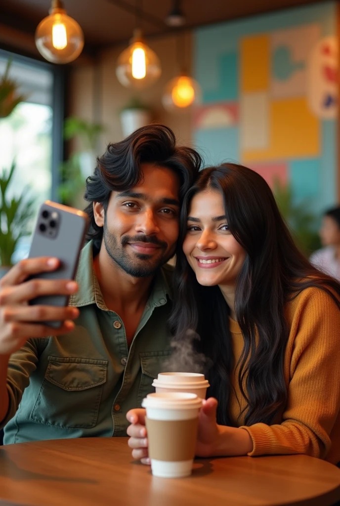 A 21 years old indian handsome boy with medium long hair and seating with his 20 years old beautiful and fair indian girlfriend and both are seeting on a table with their starbucks coffee and taking selfie and both are not smiling and they must be indian