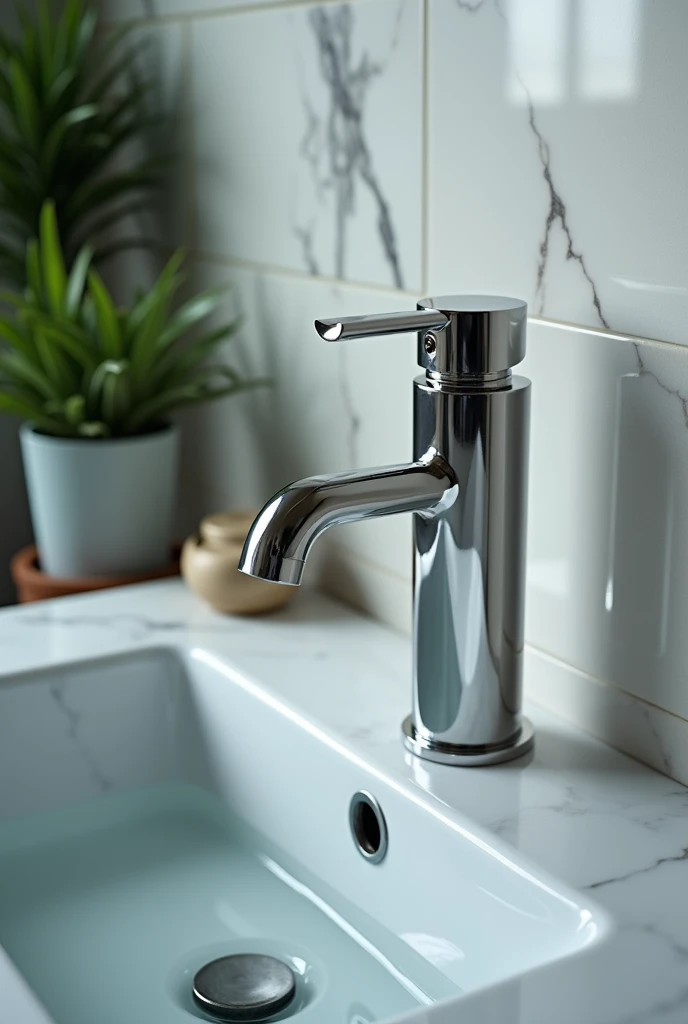 Photo of a dented stainless steel bathroom faucet