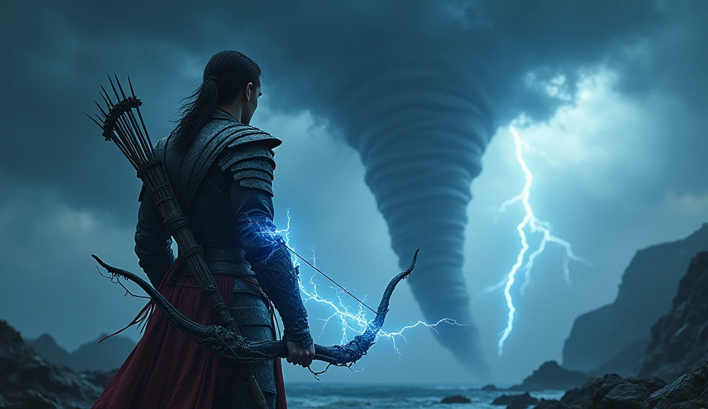 lightning archer with lightning bow standing in storm, toranado behind him, ray tracing, 8k, best quality, super detail, masterpiece, award winning