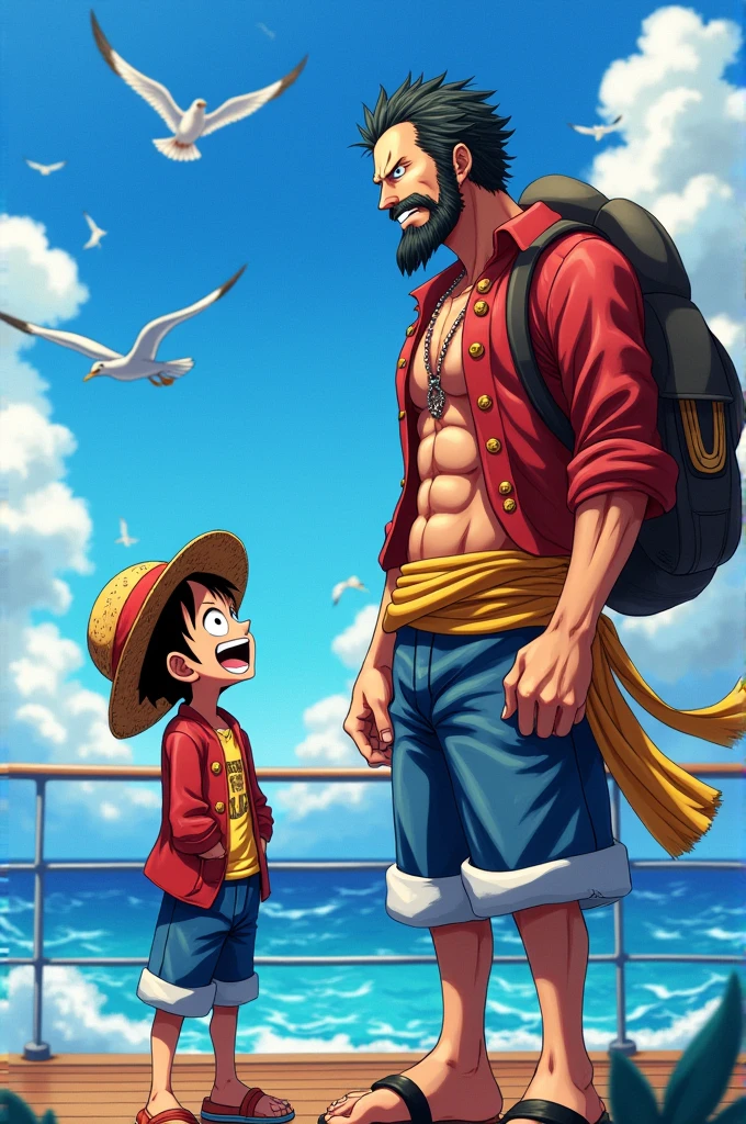 Kid Luffy meet his future self with beard, moustache and masculine body (aesthetic body)