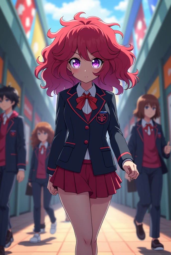 Screenshot of my ero Academia girl with medium red curly hair with bangs has phosphorescent purple eyes and has a serious expression wearing the UA uniform and in the background she is walking in the UA