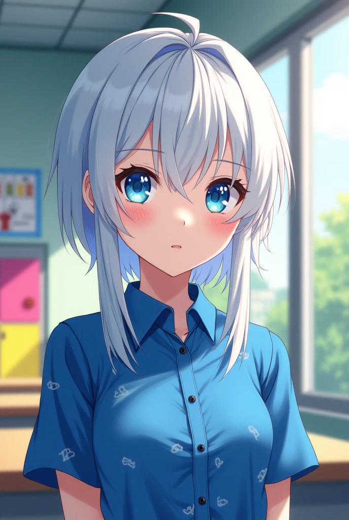 Make an image: Make a white-haired, white-skinned child, blue eyes and Japanese descent, anime male character wearing a blue shirt at school