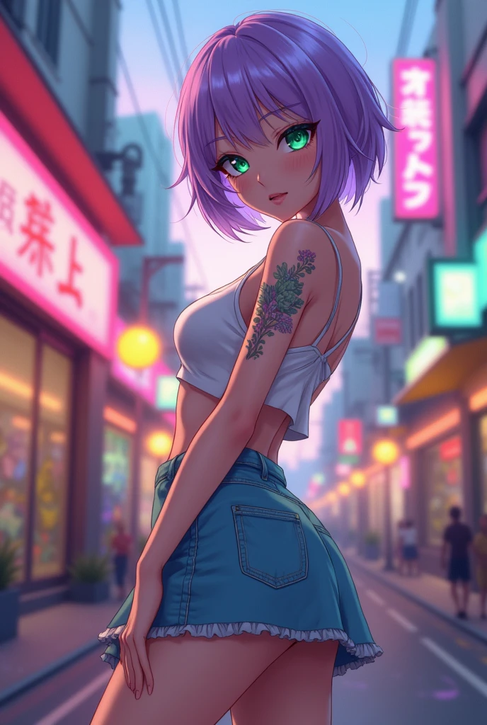 A beautiful adult anime woman with short hair, mini skirt and big butt.