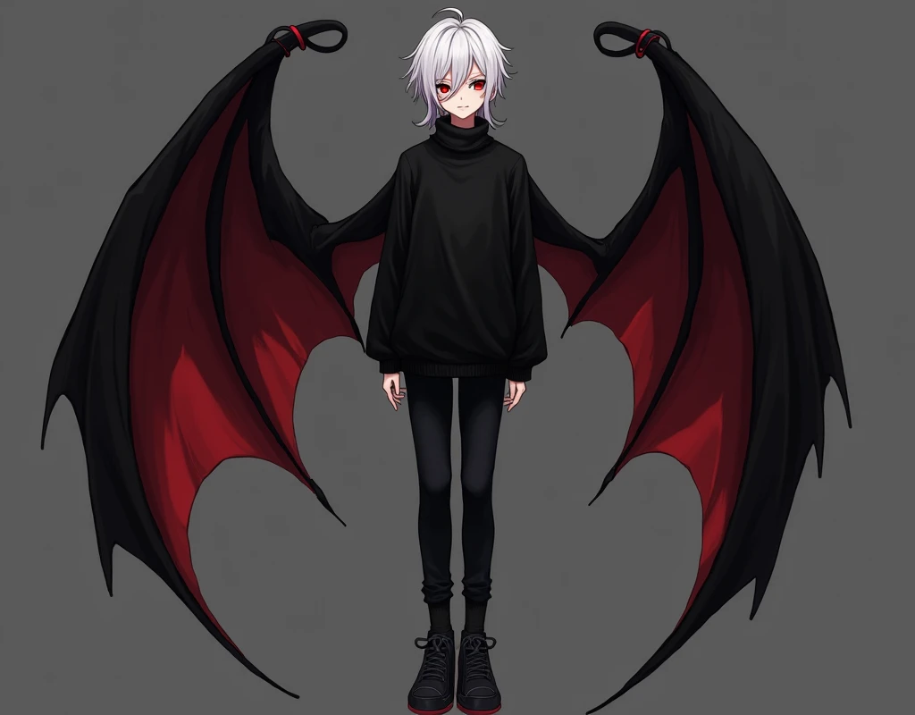 Kizuro is a young boy with a thin and slender body., 1,75 tall, Eyes red, pale skin. He wears a long-sleeved black shirt with a high neck, a black sweatshirt over a shirt, black sweatpants and black sneakers with dark gray soles. Kizuro has black bat wings with red interior on the sides and an extremely feminine face..  His are white and long, reaching past the middle of his back, with strands on each side of the head. Your hair parts into a fringe that covers one of your eyes, more precisely, the left eye. 