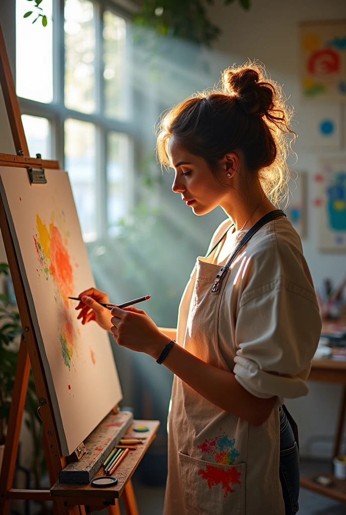 A professional sketch artist in her art studio, pencils around, Sketching on canvas