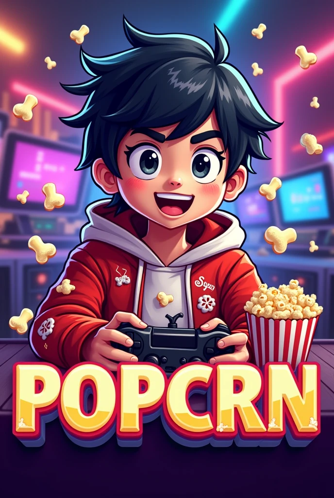 Create a mascot logo where the mascot is a gamer man with black hair and a red and white sweatshirt with a popcorn design and underneath it has the letters of "popcorn"