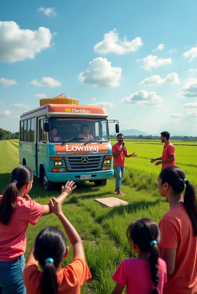 Branded vehicle Road show advertising activity in rural
area with anchor with Mike and people are involving various game's