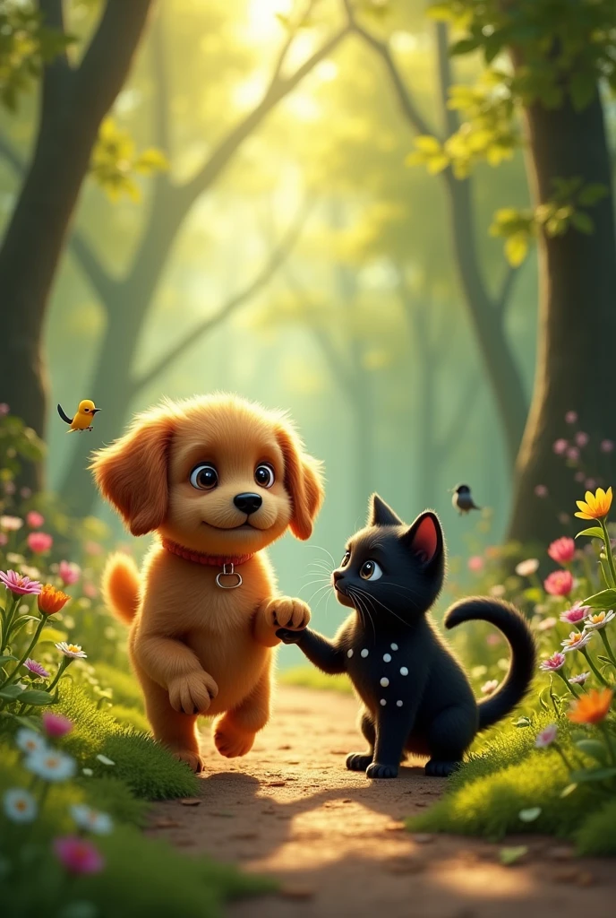 Dog and cat are walking on the forest path. They look like anime characters but they are not anime characters. And suddenly the dog proposes to the cat. But there is a ring