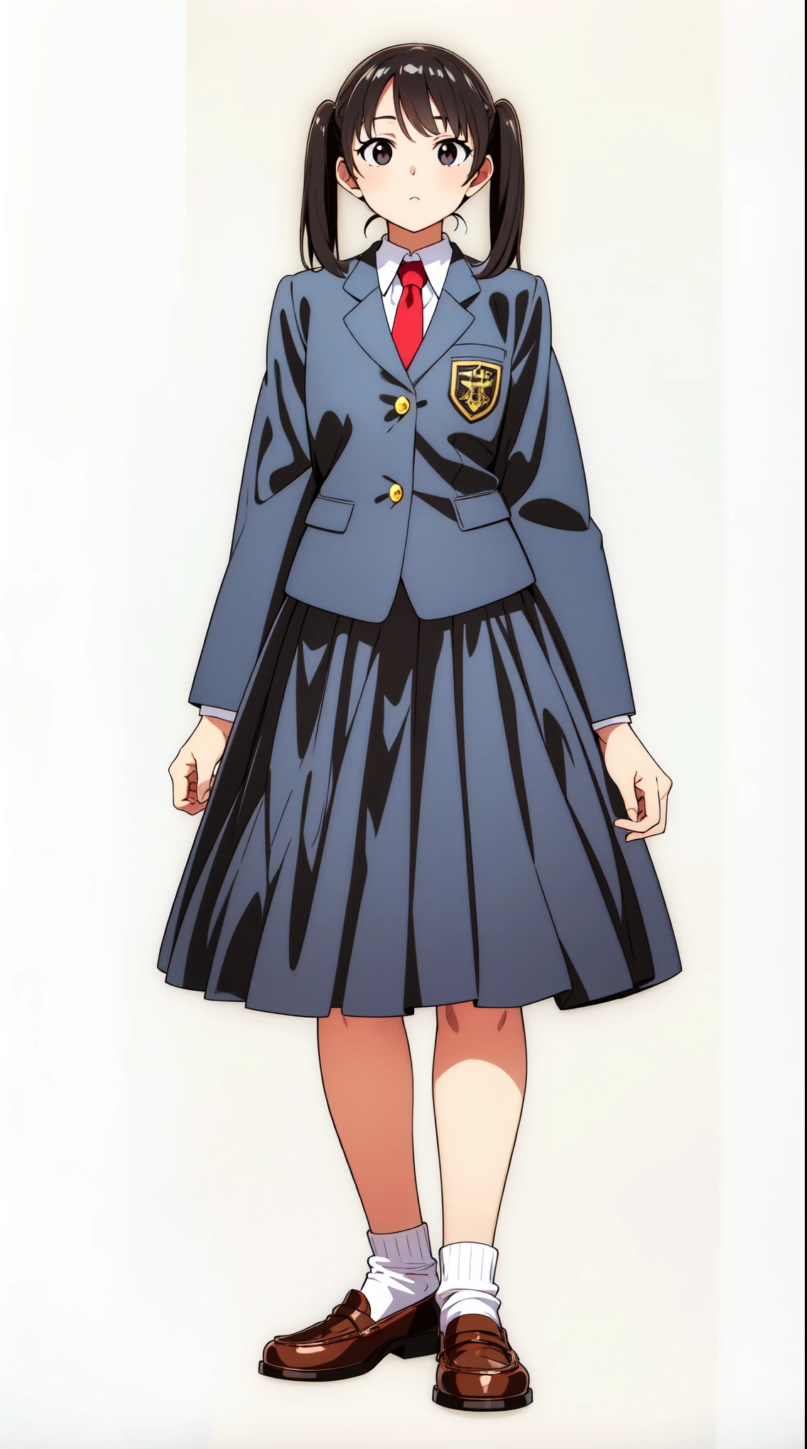(white background:1.0), (best quality:1.0), (masterpiece:1.0), (super fine illustration:1.0), (beautiful artwork:1.0), (anime screencap:1.0), (official art:1.0), (full body:1.0), (solo:1.0), (a 17yo cute girl:1.0), (long skirt:1.0), (dark blue skirt:1.0), (pleated skirt:1.0), (school uniform dark blue blazer:1.0), (red necktie:1.0), (black loafers:1.0), (white socks:1.0), (ideal ratio body proportions:1.0), (lanky:1.0), (tall:1.0), (slender:1.0), (small breasts:1.0), (smaller face:1.0), (detailed beautiful eyes:1.0), (detailed beautiful face:1.0), (glowing black eyes:1.0), (short hair:1.0), (twin tails:1.0), (swept bangs:1.0), (black hair:1.0), (standing:1.0), (looking at viewer:1.0)