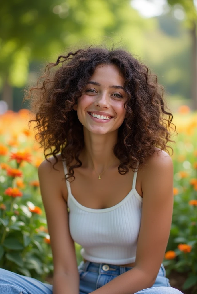 A brunette girl with curly hair and big breasts sits with her legs stretched out, taking a realistic photo