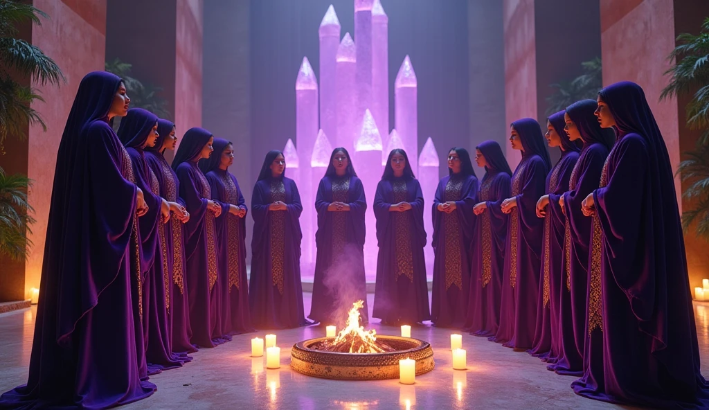 a dozen white, black, Indian women with exquisite violet velvet cloaks with golden threads of priestesses, and the arrangement of golden threads in the head, around a fireplace with violet fire, in a large room, convey depth, many plants, tall crystals, Tibetan singing bowls, burning candles