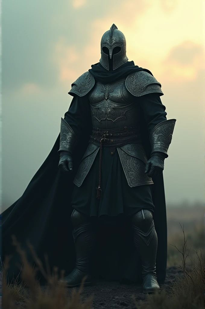 Ertugrul ghazi warrior full body in t pose from front realastic with helmet that cover his whole face and black clothing and cape also no weapon in hand or anywhere else 