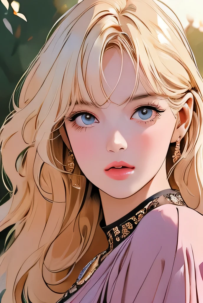 lalisa manoban, 1girl, beautiful detailed eyes, beautiful detailed lips, extremely detailed face and features, long eyelashes, blonde hair with bangs, cute, elegant, confident, solo, outdoor field, golden hour lighting, cinematic, highly detailed, photorealistic, 8k, masterpiece, vibrant colors, atmospheric, natural lighting