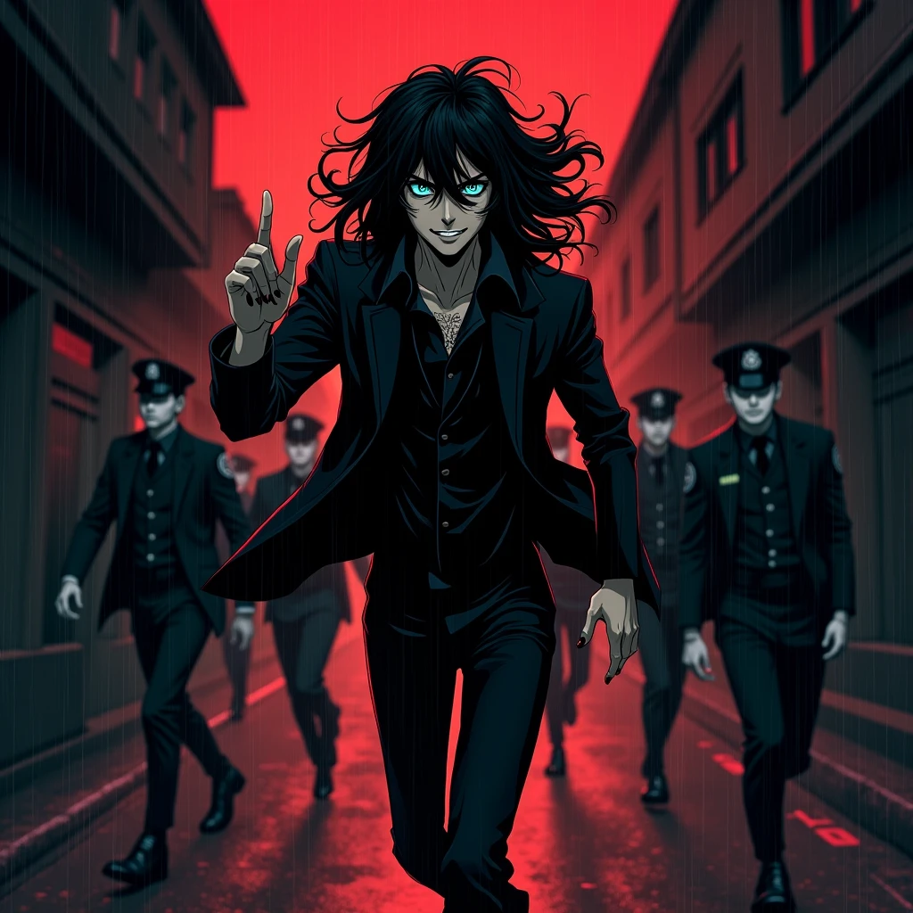 A young sexy male with delicate facial features, long black hair, teal blue eyes, long eyelashes, and gothic black and red clothes. He's a long-wanted serial killer. ((((scary)))) Blood. malicious, insane expression. No facial or body hair. Anime. ((((((((Male, boy)))))))) (Horror) BITCH, MAKE IT MALE. Cops are trying to catch after him. Running. Raining. Vampire. Dark. Red highlights. Red sky. Mysterious. Midnight. Cartoon. Polices running after him. Smirking. Bloody. Red highlights. Red. Blood pouring down. 