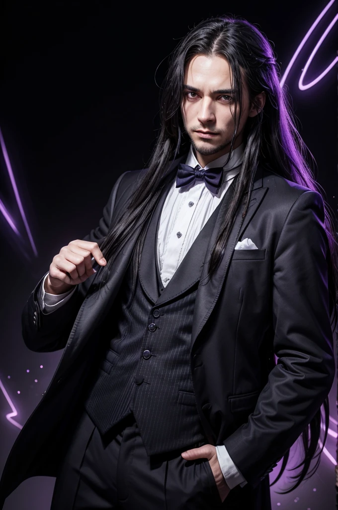black background, in the center a man character with long white dreadlock hair, soft strokes, no beard thick bleueyes, expressive and sarcastic look wearing a tailcoat with a sparkling glowing violet gamma cross on the chest , a violet sign in gothic style