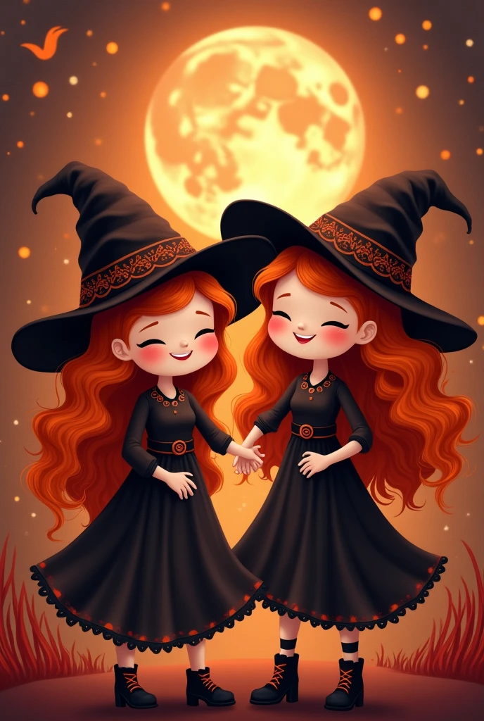 Haloween 2 female friends. Cute, anime, wicthes with orange hair, plain face and witch hat with a dark orange
And red background