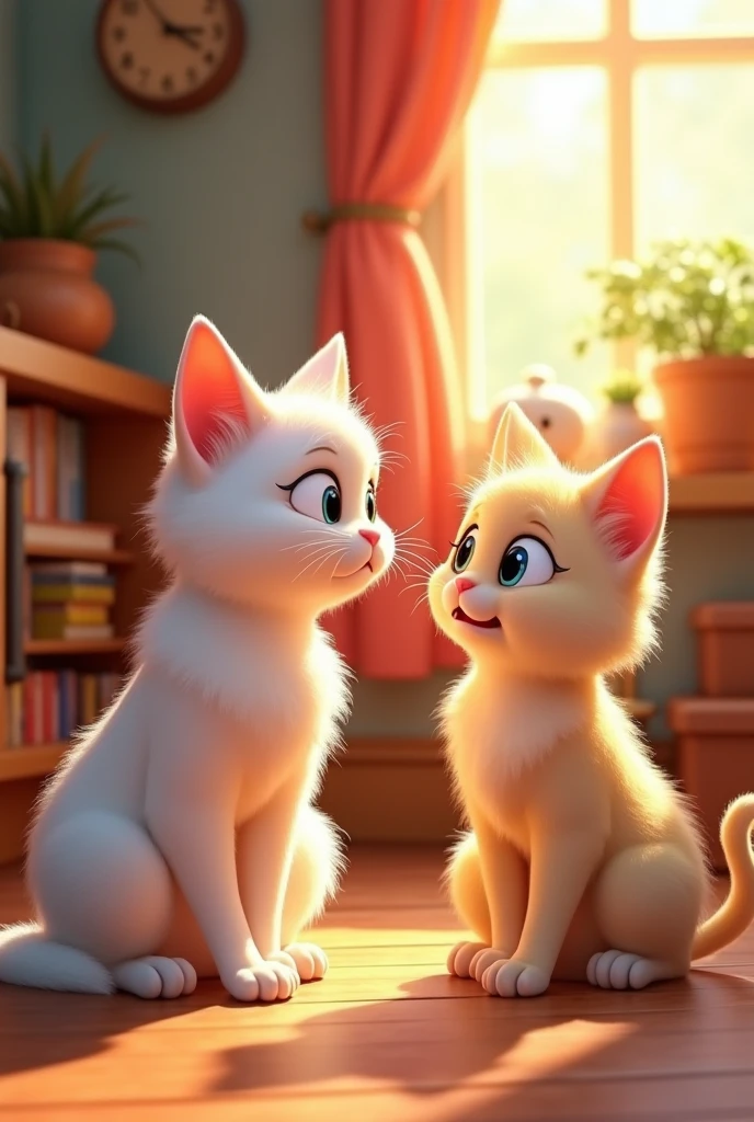 The cats’ bellies begin to rumble with hunger. Their expressions change to show how hungry and worried they are. Snowy looks up at Cloud, their eyes meeting with a shared understanding—they need to find food, and fast. 3d animation Disney inspired 