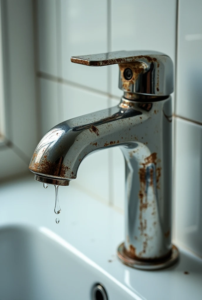 Photo of a dented stainless steel bathroom faucet, damaged