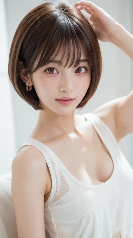 (Bob Cut Hair:1.2),(Wearing a ripped white tank top:1.8),1 person,Japanese,21 years old,(Small breasts:1.3),(Highest quality,masterpiece:1.3,Ultra-high resolution,),(Very detailedな,Caustics),(Realistic:1.4,RAW shooting,)Ultra-Realistic Capture,Very detailed,High resolution 16K human skin closeup。 Natural skin texture、,pores、、It needs to be detailed enough to be easily identifiable。 Skin tone is even and healthy looking。 Use natural light and color, Happy expression, Looking into the camera, Perfect dynamic composition, indoor、Cleavage、Earrings、Raise your hand、Armpits、freckles、(Round Glasses)、(erect nipples)、Sit on the bed、Bedroom、On the bed、Black Hair