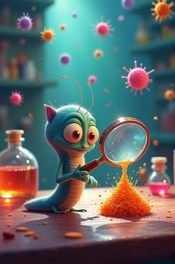 An animated ancylostoma parasite looking through a magnifying glass or microscope, discovering that it has been identified in a stool sample