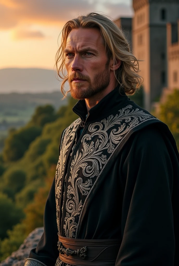 41 year old blond man in black medieval clothes and a big nose