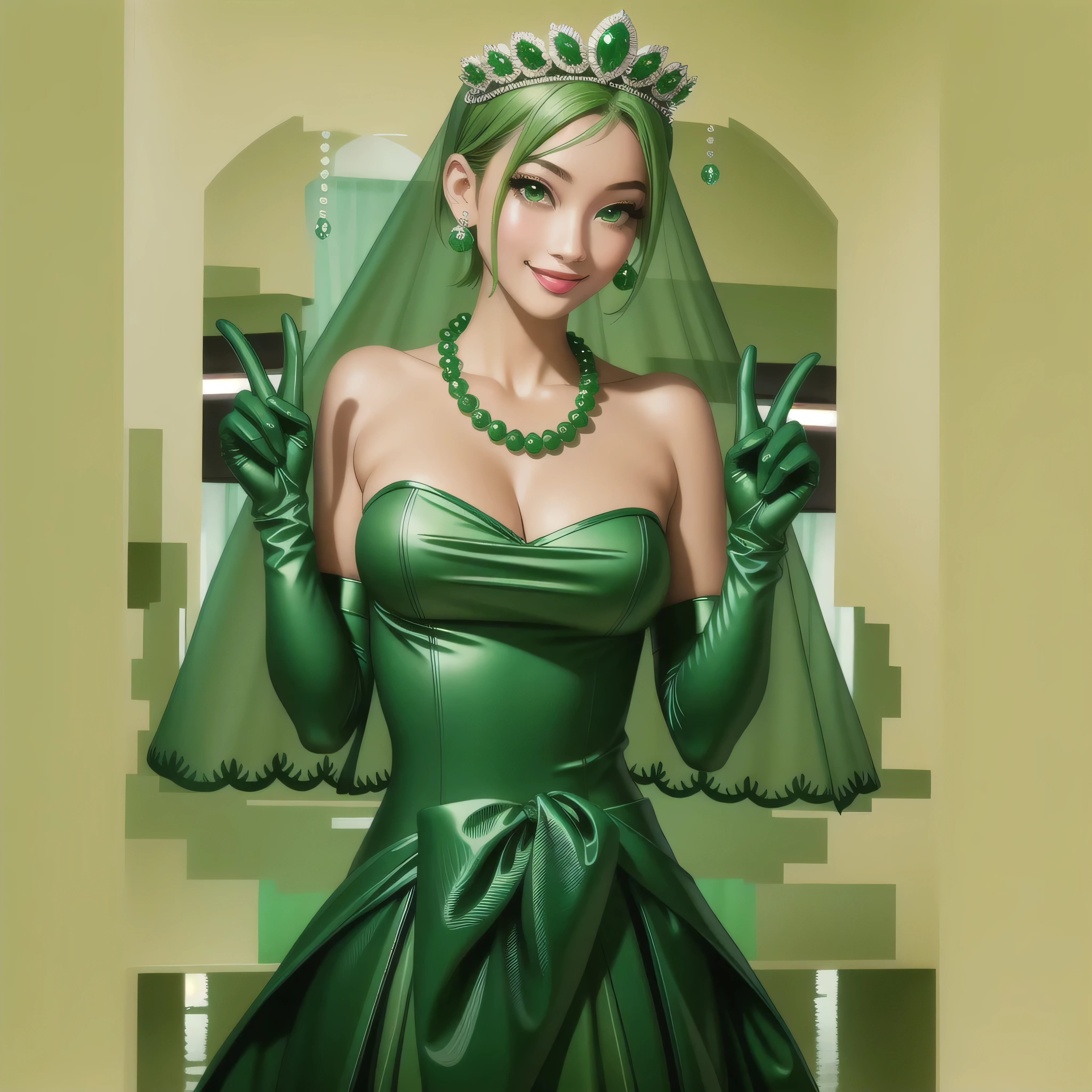 Emerald tiara, Green Pearl Necklace, Boyish very short green hair, Green Lips, Smiling Japanese woman, Very short hair, Busty beautiful lady, Green Eyes, Green satin long gloves, Green Eyes, Emerald Earrings, Green veil, all, Green Hair, Beautiful Japanese Woman, green lip gloss