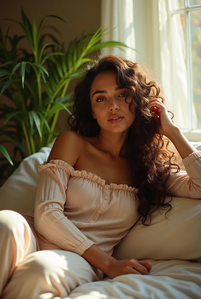 (photorealism:1.2), beautiful woman, sitting on bed, wearing loose off-shoulder top, pajama pants, long curly hair, indoors, soft lighting, plants in background, window with sunlight, cozy room, relaxed pose, realistic, intricate details, warm colors, by Greg Rutkowski, by Alphonse Mucha